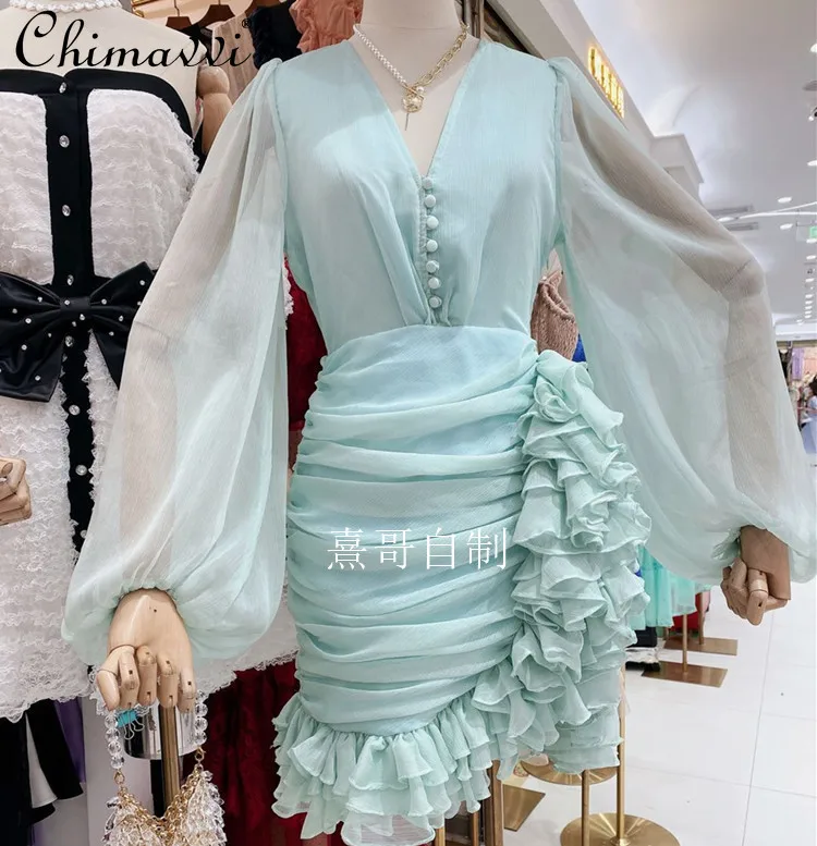 

2021 Fairy Style V-neck Short Dress Women Irregular Ruched Layered Ruffles Waist Slimming Dress Long Sleeve Lady Fashion