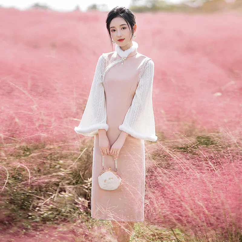 

Sweet Qipao Fake Two Knit Sleeves Eleganti Chinese Dress Women Hanfu Traditional Robe Orientale Ethnic Style Vintage Cheongsam