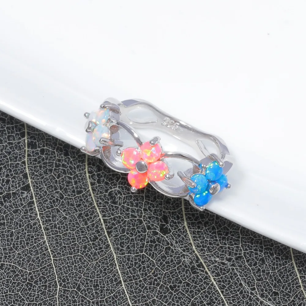 Кольцо женское посеребренное с голубым/розовым/белым огненным опалом размеры 5-11