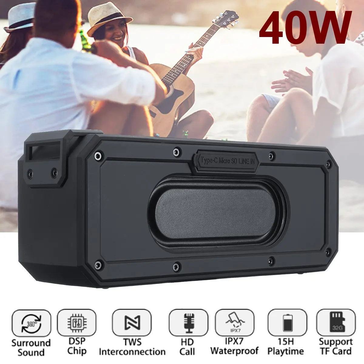 

Portable Subwoofer 40W Wireless Bluetooth Speaker TWS Features TF Card Stereo 6600mAh IPX7 Waterproof Microphone