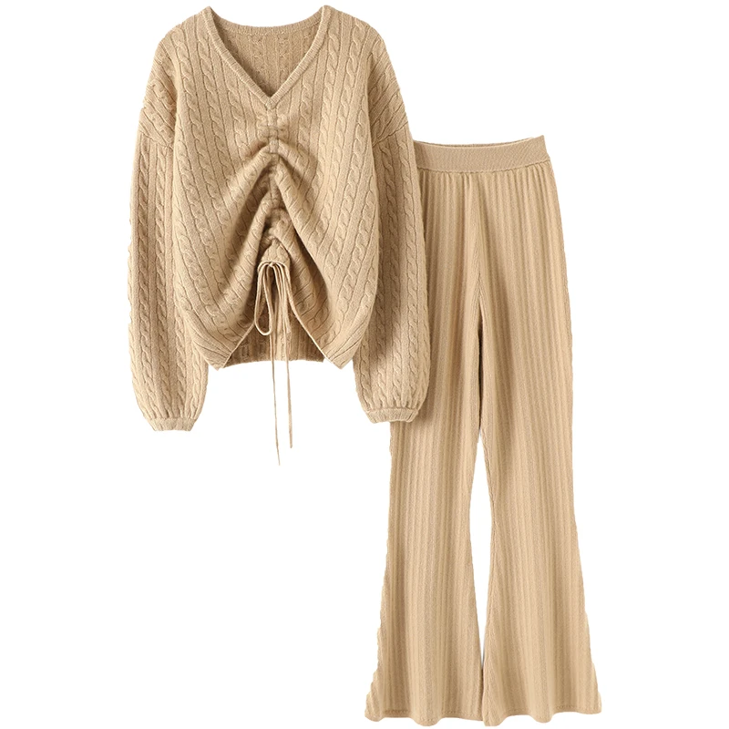 Зимний новый вязаный кашемировый комплект из 2 предметов с v-образным вырезом 100% -