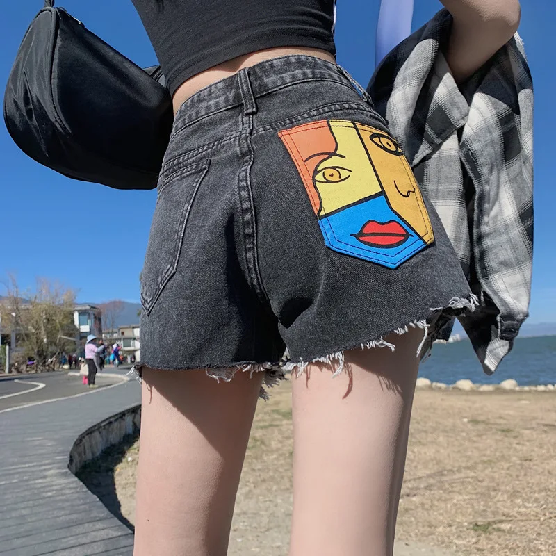 

Джинсовые шорты женские с высокой талией, фланелевые рваные джинсы с принтом и широкими штанинами, весна-лето 2021
