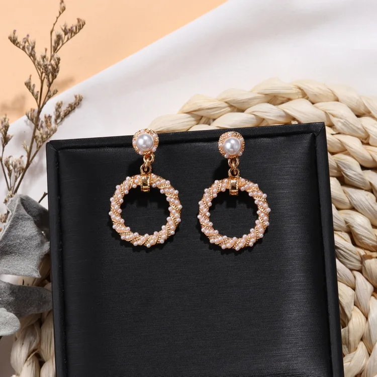 Корейские модные геометрические круглые серьги золотые висячие с искусственным