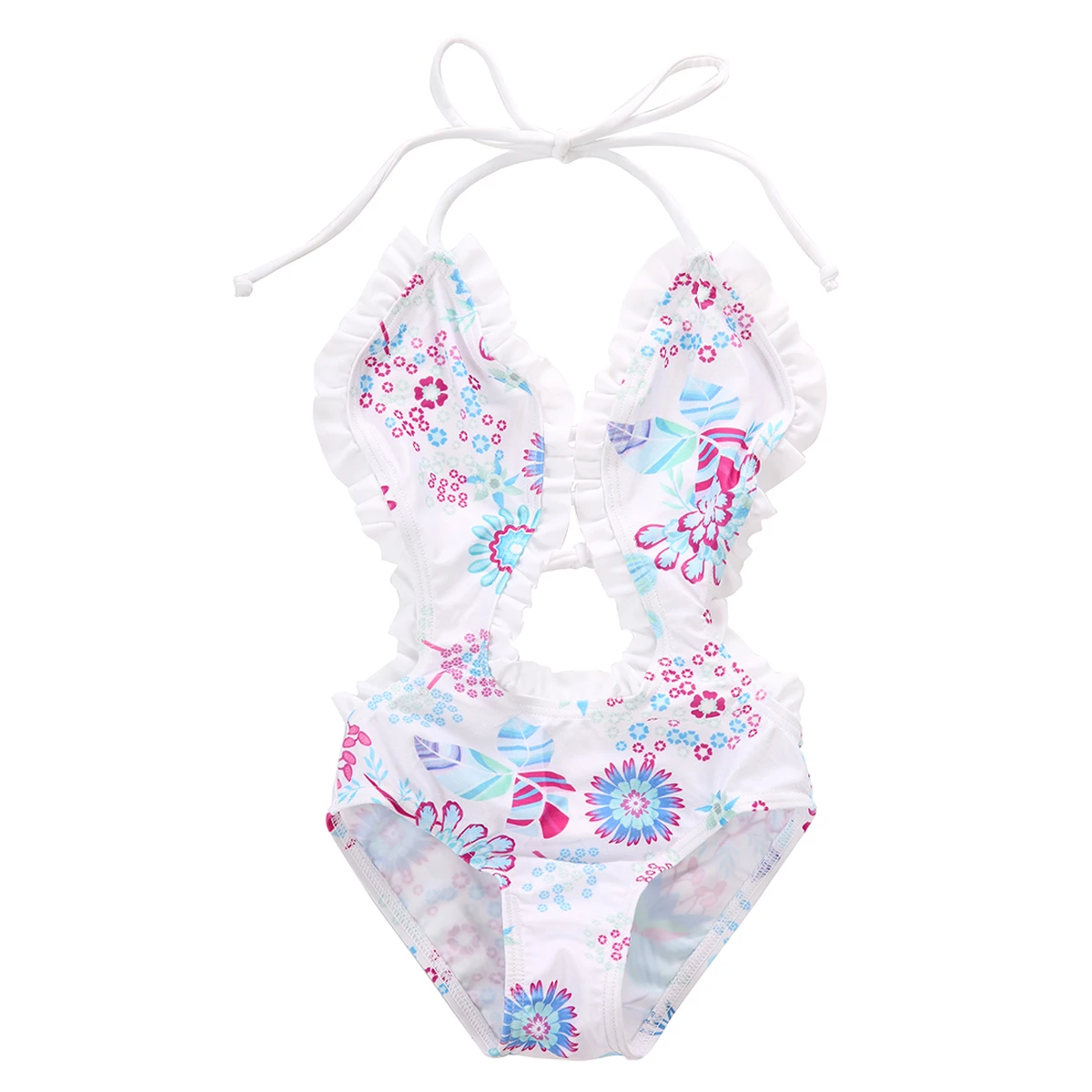 

Summer Kids Girls Swimwear Jumpsuit Floral Printed Sleeveless Backless Bandage Ruffled Swimsuit