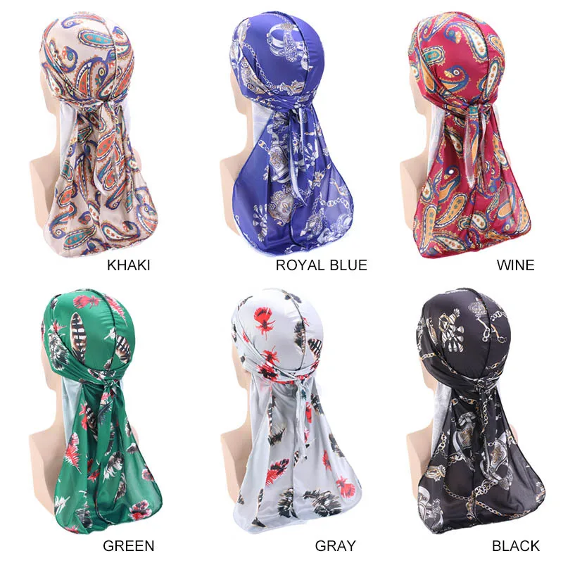 

Silk Print Long Tail Pirate Cap Cape Polyester For Men Ladies 6 Colors Fashion Headwear Scarf New Hat Lmitation Turban