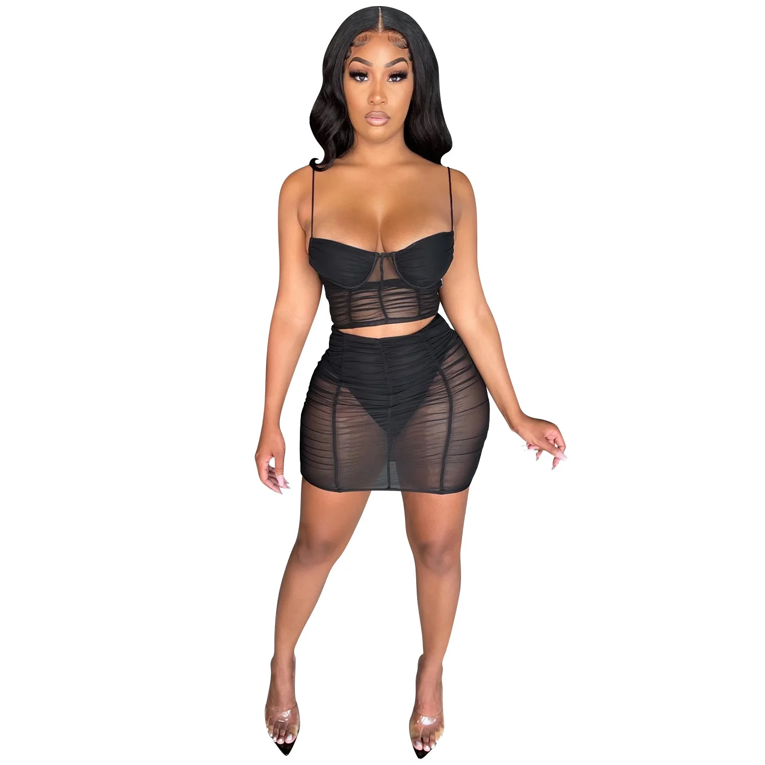 

Mesh See Through Two Piece Set Outfits Sexy Patchwork Women Set Club Solid Sleeve Slim Summer Cami Top Mini Skirt Set