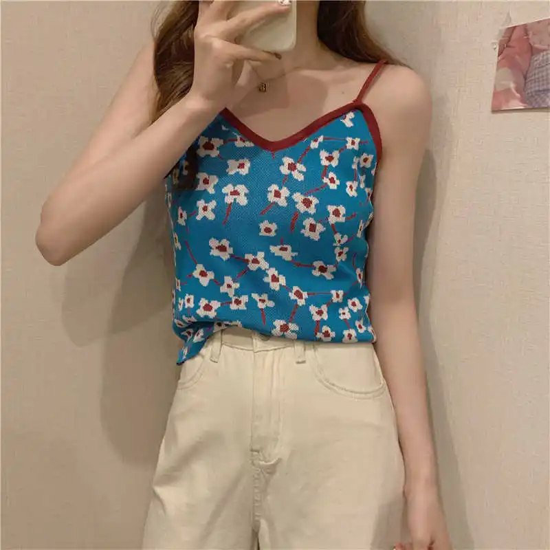 

Retro Flower Knitted Camisole Women's Summer Inner Wear Outer Wear Design Sense Niche Back Shaping Base Top Ins Fashion