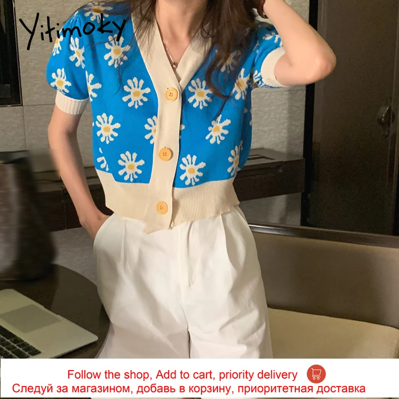 

Yitimoky Vintage Cropped Cardigan Women V-Neck Floral Printing 2021 Summer New Contrase Color Single Breasted Knitted Tops