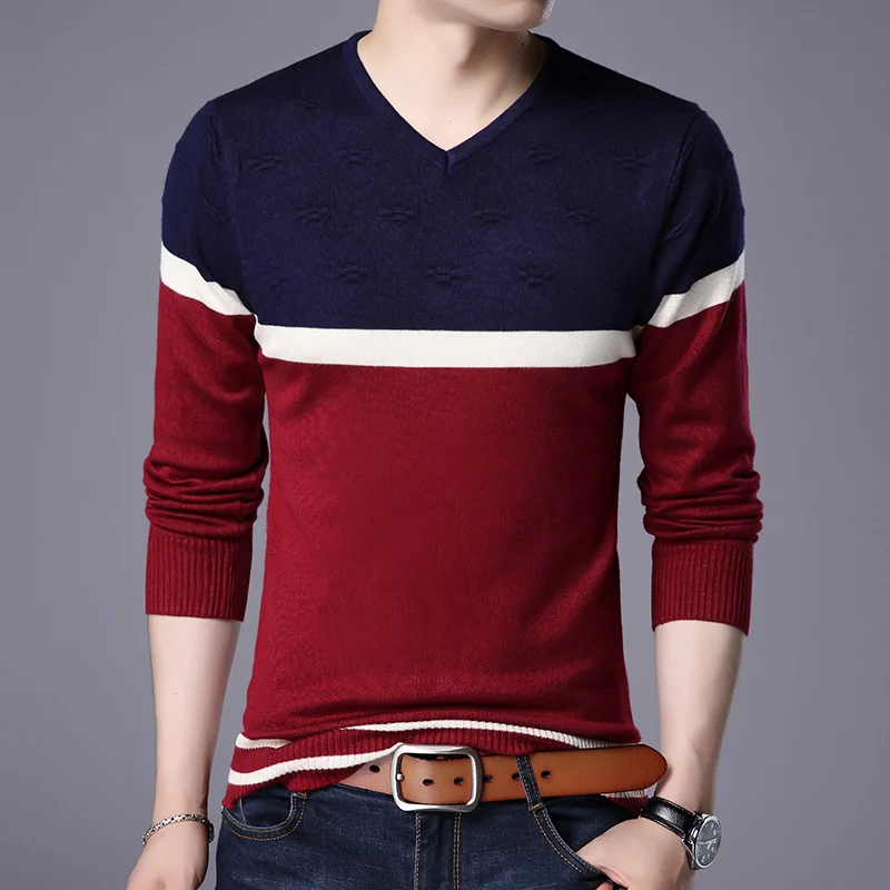 Plain Brand New Fashion High Quality Knit Pullover Striped Mens V Neck Sweater Autum Korean Woolen Casual Jumper Clothes Men