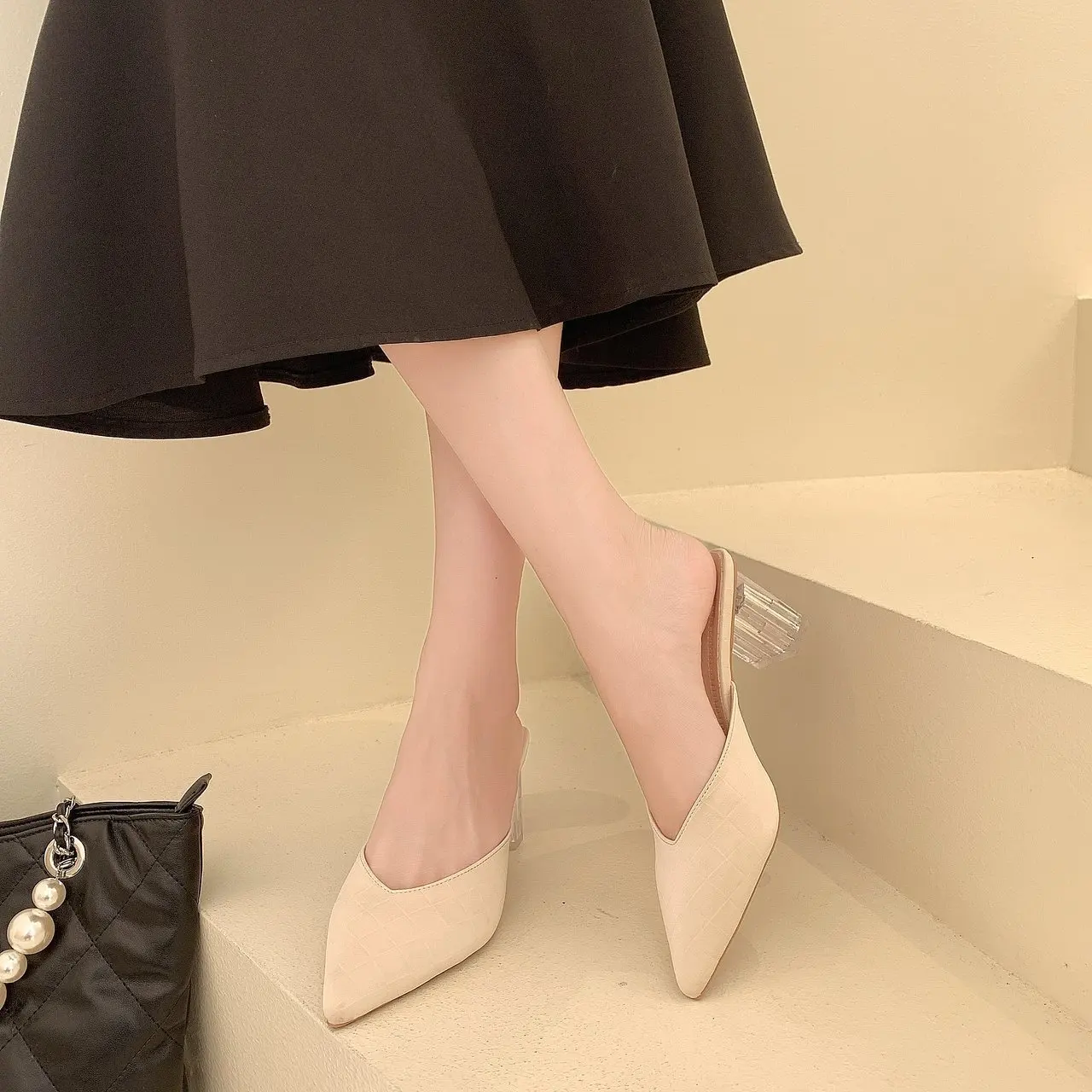 

Transparent Slippers Shoes Woman 2021 Heeled Mules Luxury Slides Cover Toe Pantofle Square heel High Designer Pointed New Thin