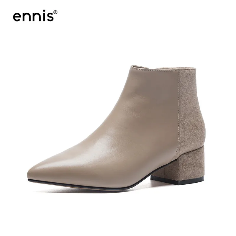 Apricot ENNIS/ г. Осенне-зимние женские ботильоны ботинки из натуральной кожи на квадратном каблуке обувь на молнии с острым носком женские замшевые ботинки A9147 - Цвет: Apricot