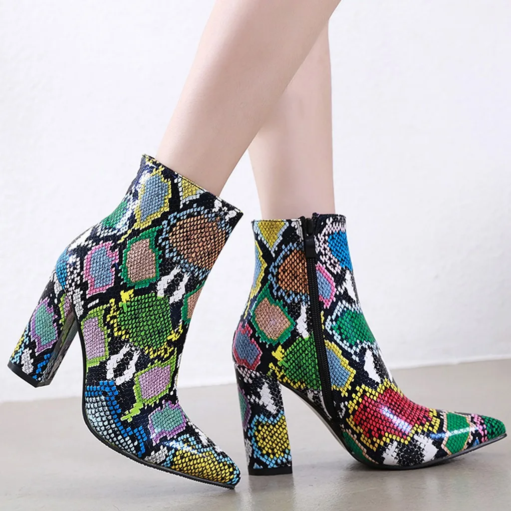 Ботинки с разноцветным змеиным узором Женские ботинки из змеиной кожи на толстом