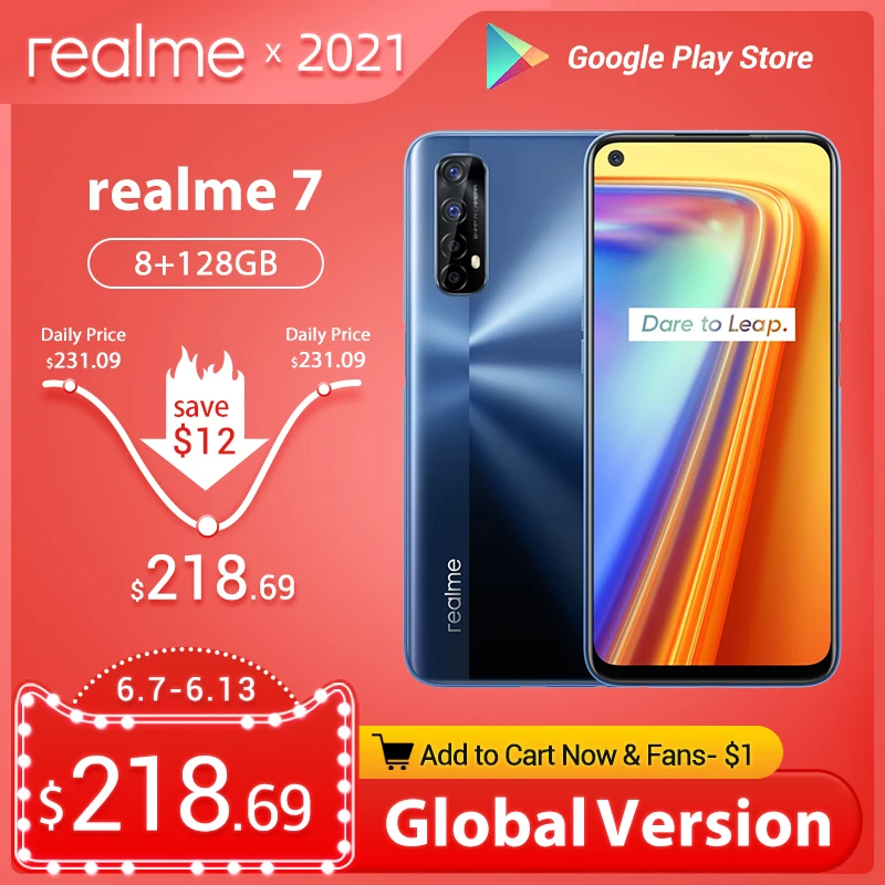 Realme 7 глобальная версия смартфонов 8 Гб Оперативная память 128 Встроенная Память 30