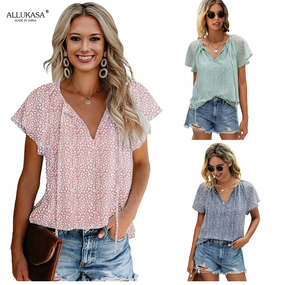 Women's Summer Blouse Casual  V-neck Regular Print Splicing Shirt Blouse  2021 T-Shirt Beach Female Short Sleeve