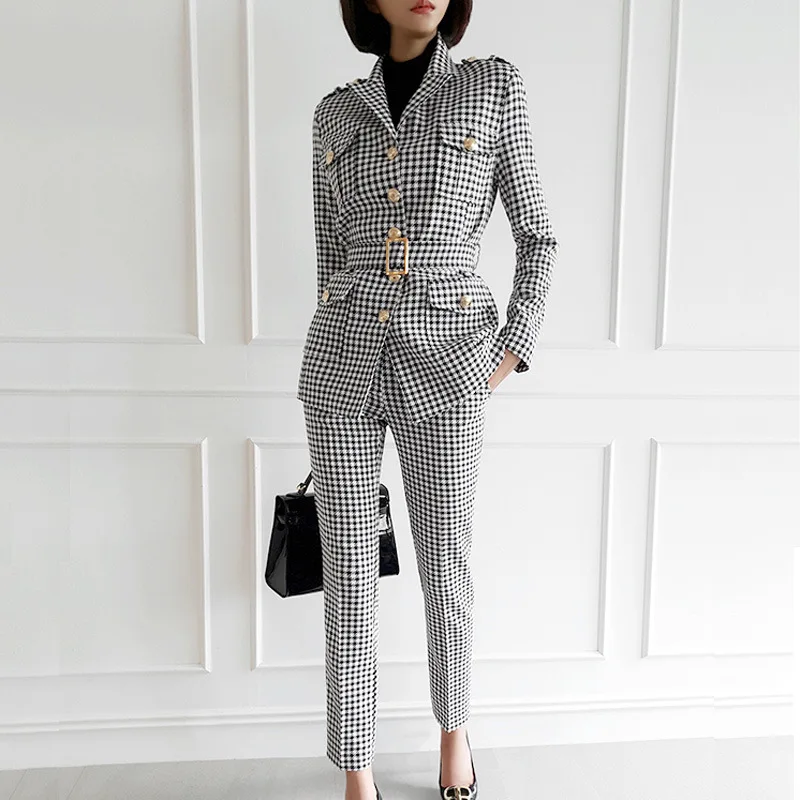 2019 New Arrival Dropshipping Print Houndstooth Winter Two Piece Set for Femme Singer Button Blazer with Sashes and Sheath Pants enlarge