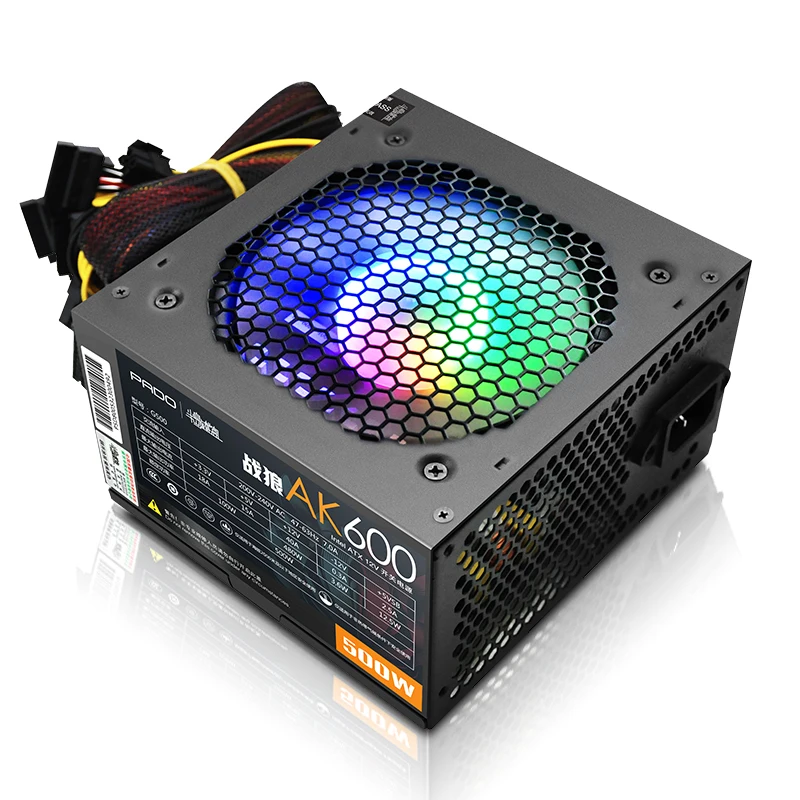 AK600 Номинальный 500 Вт настольный компьютер Основной блок питания RGB подсветка