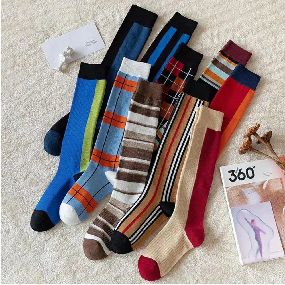 

Retro British Style Calf Socks Autumn Winter Long Ladies Hosiery Stripes Stockings Cotton Calf Socks Lattice Tube Socks