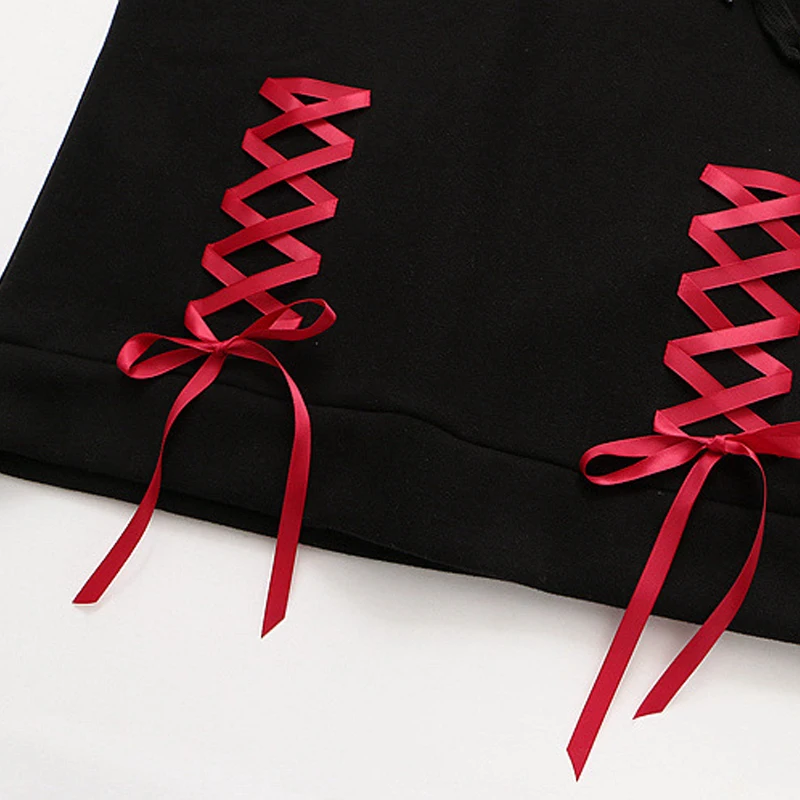 

Gothic Lolita Women Crown Rabbit Printed Hooded Sweatshirts Fall Winter Long Sleeve Lace Bandage Hit Color Pullover Hoodies