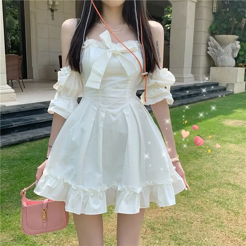

QWEEK White Kawaii Fairy Dress for Girls Summer Cute Princess Off Shoulder Ruffle Party Mini Dresses Woman Casual Sundress 2021