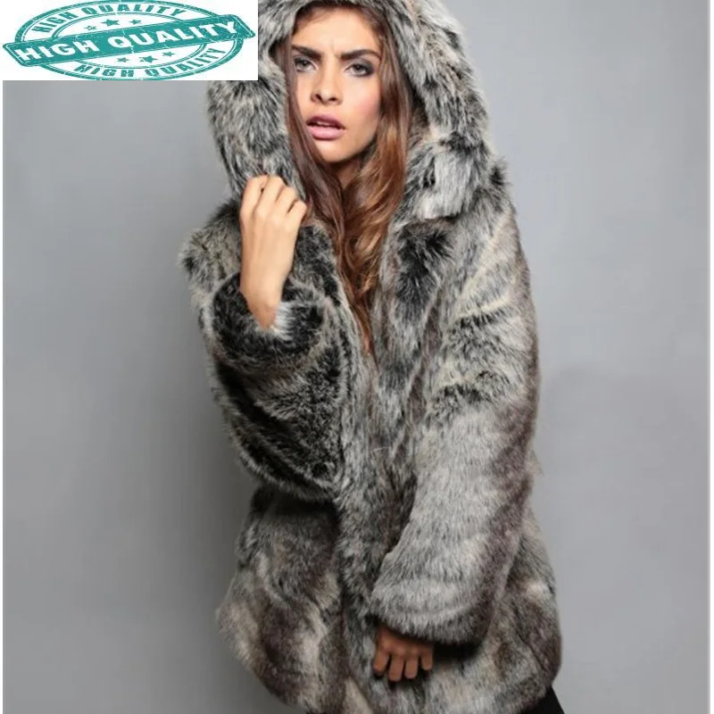 

Faux Winter Fur Coat Warm Female Jacket Hooded Fake Fox Fur Black Coats Women Overcoat Chaquetas Invierno Mujer KJ521