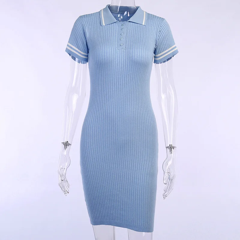 

DIRTYLILY 2020 Summer Casual Short Blue Dress Fashion Bodycon Knitted Dress Women Short Sleeve Turn-down Collar Button Dresses