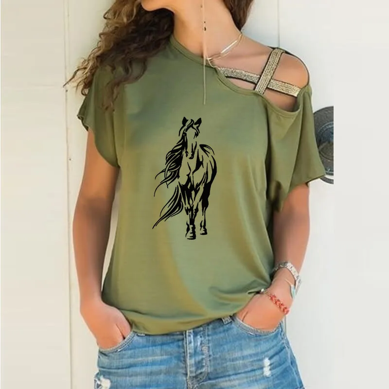 Новая свободная Асимметричная футболка с мультяшным принтом лошади женские
