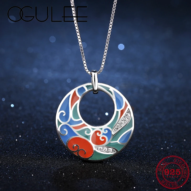 

OGULEE Lovely Curly Plant Pattern 925 Sterling Silver Sparkling Zircon Orange Red Enamel Fine Necklace Pendant Party Jewelry
