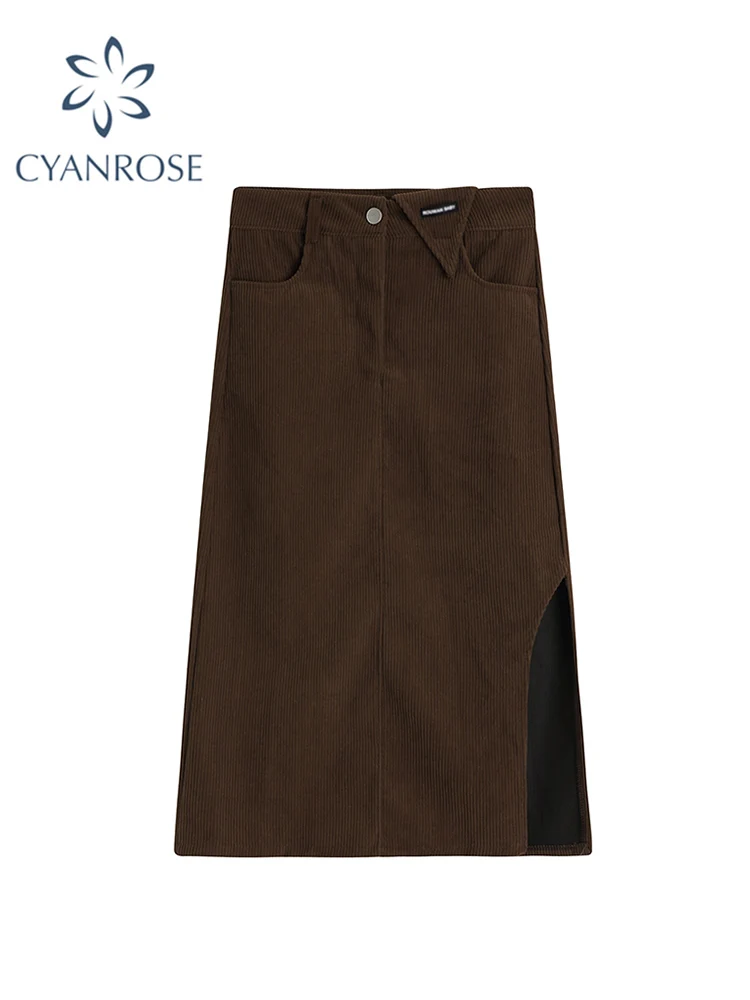 Fashion Women Midi Long Frocks A-line Corduroy Skirt 2021 Autumn Female Vintage Harajuku Straight Si