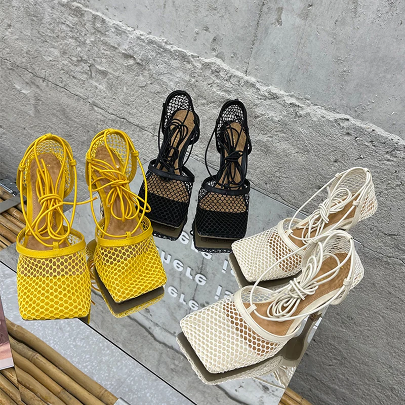 

Summer New Hollow Breathable Mesh Women Sandals Square Toe Stiletto High Heels Women Pumps Ankle Lace-Up Elegant Dress Shoes