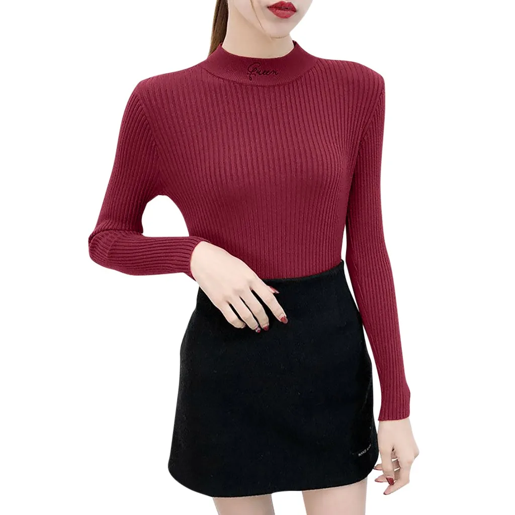 

Women Tops Elegant Blouse knitting Shirt Long Sleeve Solid mujer Sweater High Collar Office Ladies 2019 Winter Korea Fashion