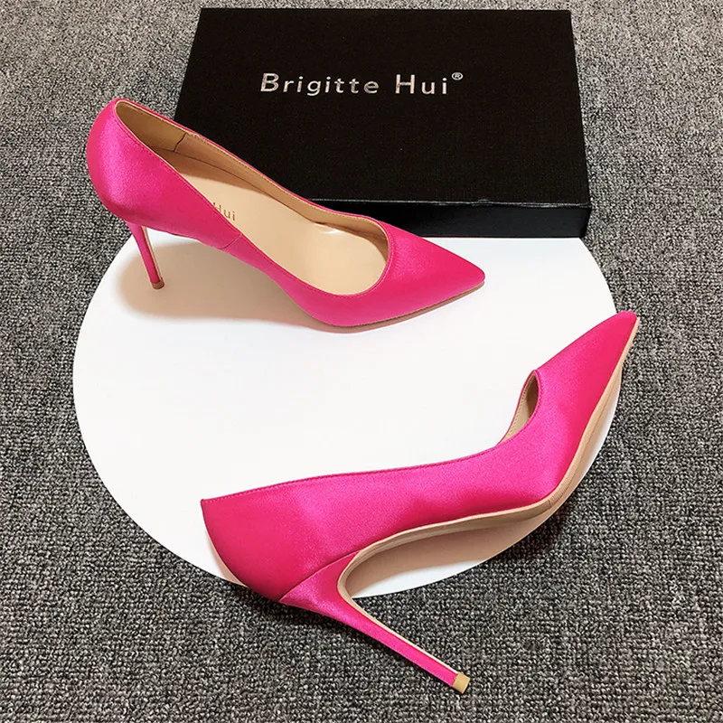 

Free shipping Casual Designer fashion sexy lady pink satin women high heels bridal wedding shoes stiletto heel big size 44 12cm