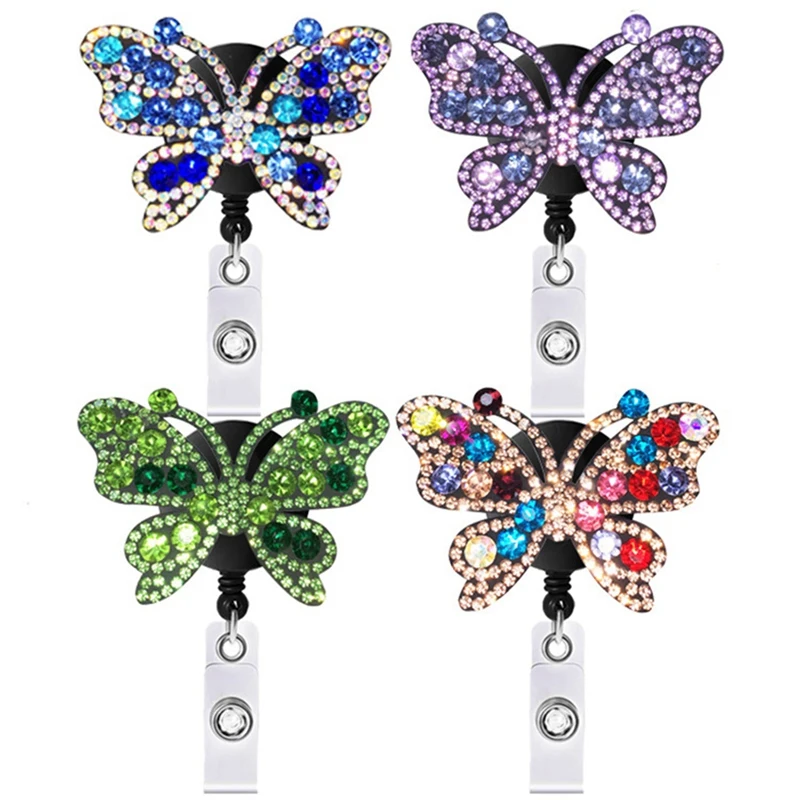 

4 PCS Badge Reel Holder Retractable Cute Butterfly Badge Clip with Alligator Clip for Nurse Miss Woman ID Name Tag Card