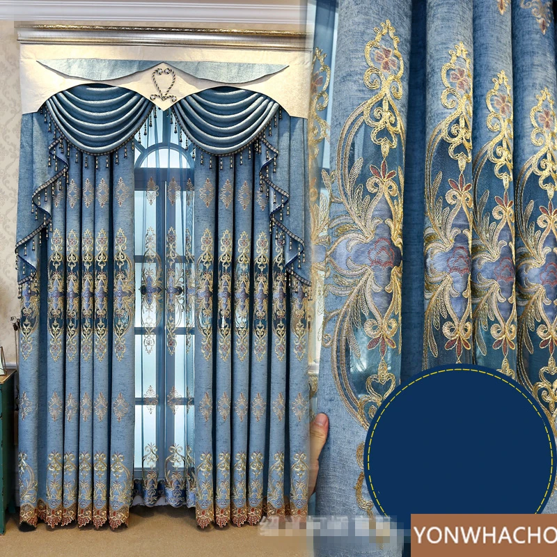 

Шторы на заказ, вилла, гостиная, спальня, Водорастворимая ажурная вышивка, синяя ткань, Затемняющая занавеска, балдахин, тюль, панель C007