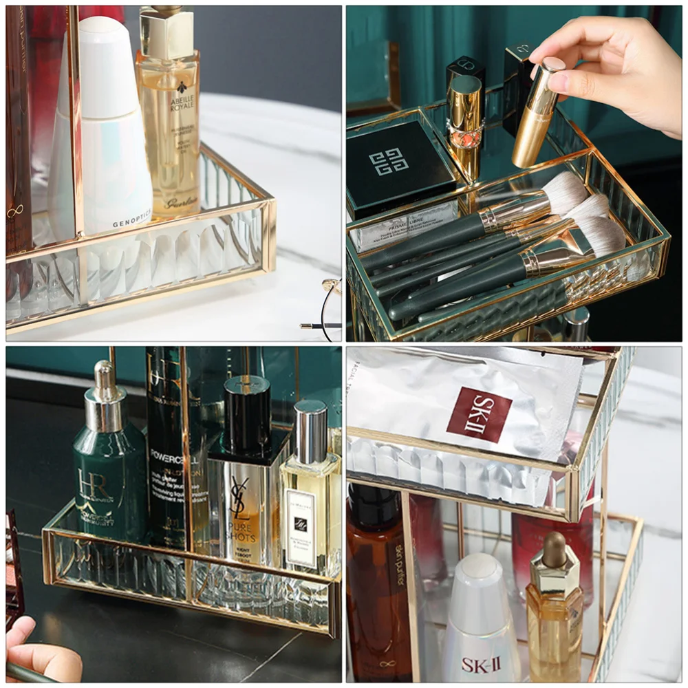 

1Pc 360 Rotating Display Stand Double Layers Makeup Storage Rack (Golden)