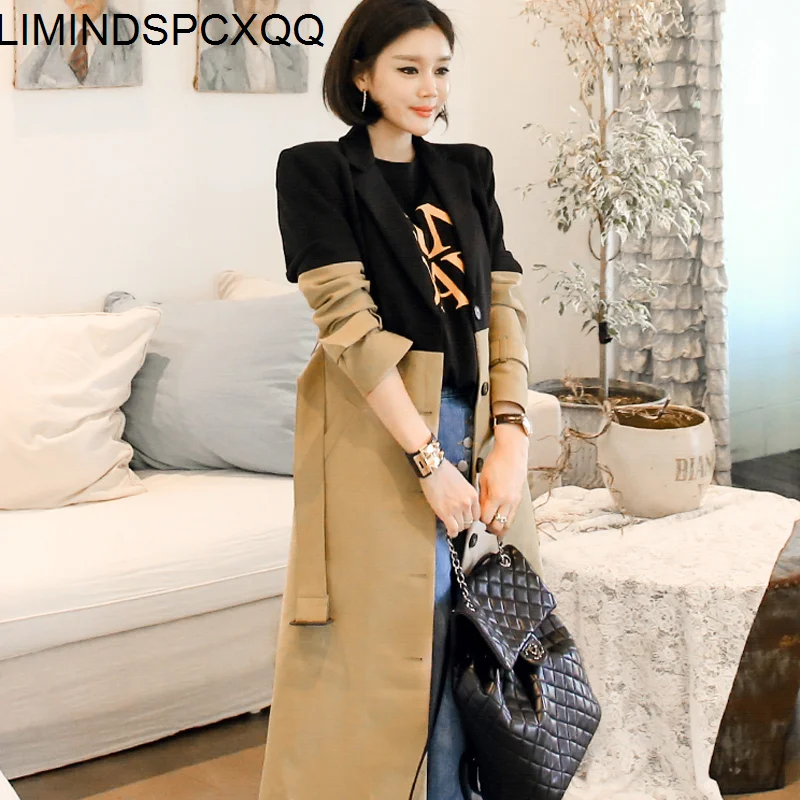 

2021 Autumn Womens Elegant Temperament Korean Style Windbreaker Suit Collar Ladies Color Matching Long Fashion With Commute