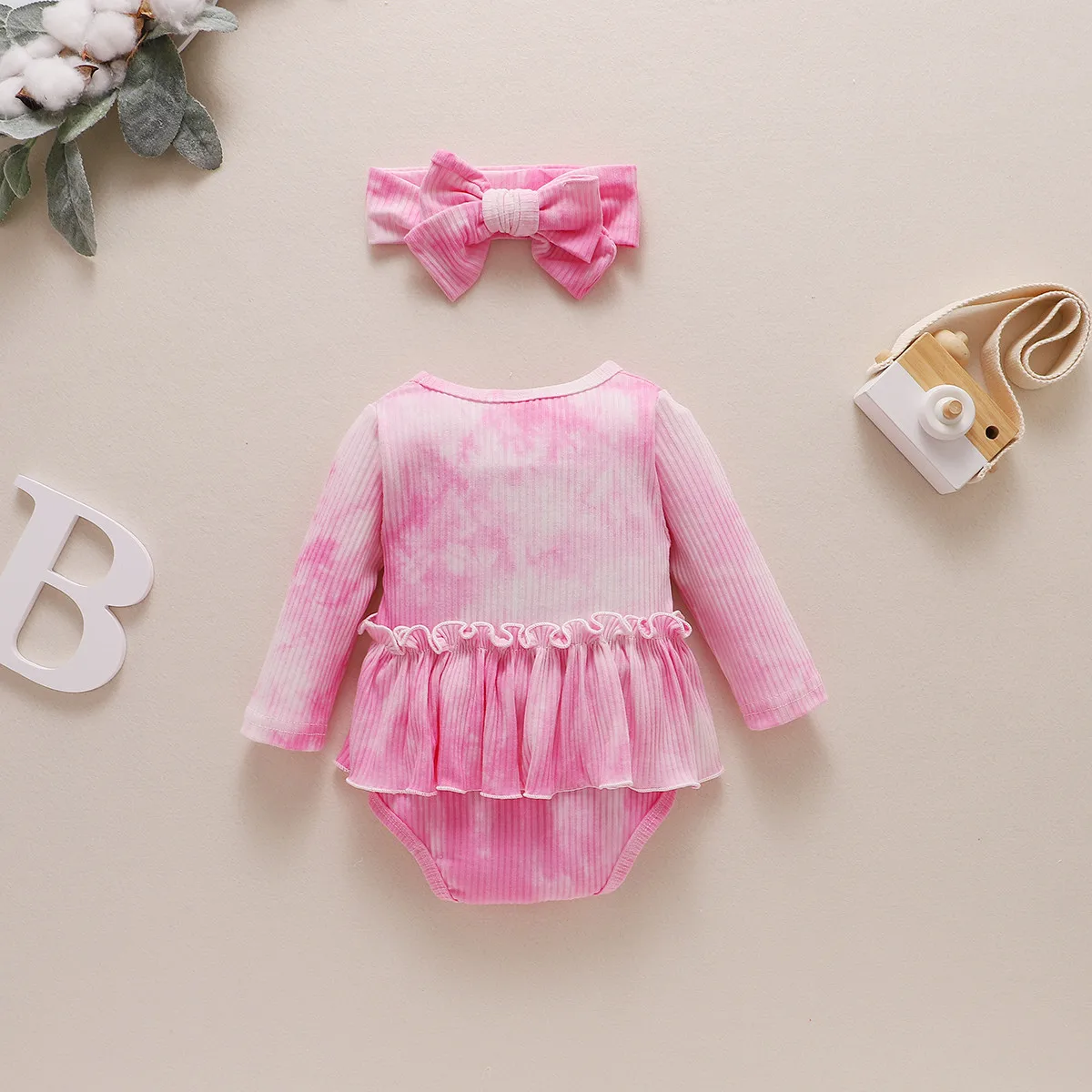 

0-18M Newborn Baby Girls Tie-dye Bodysuits Long Sleeve Ruffles Printed Jumpsuit + Bow-knot Headband Kids Fall Clothes Set