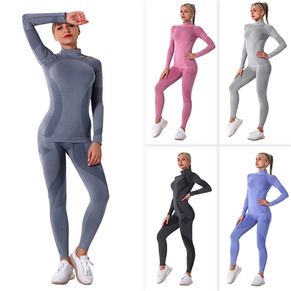 

yoga set seamless women gym sport suit 2pcs Workout Clothes Long Sleeve Fitness Clothing Top Shirts Pants Tracksuit