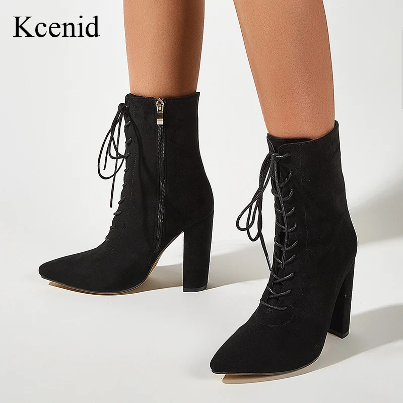 Женские ботильоны на шнуровке Kcenid черные и верблюжьи ботинки молнии с острым