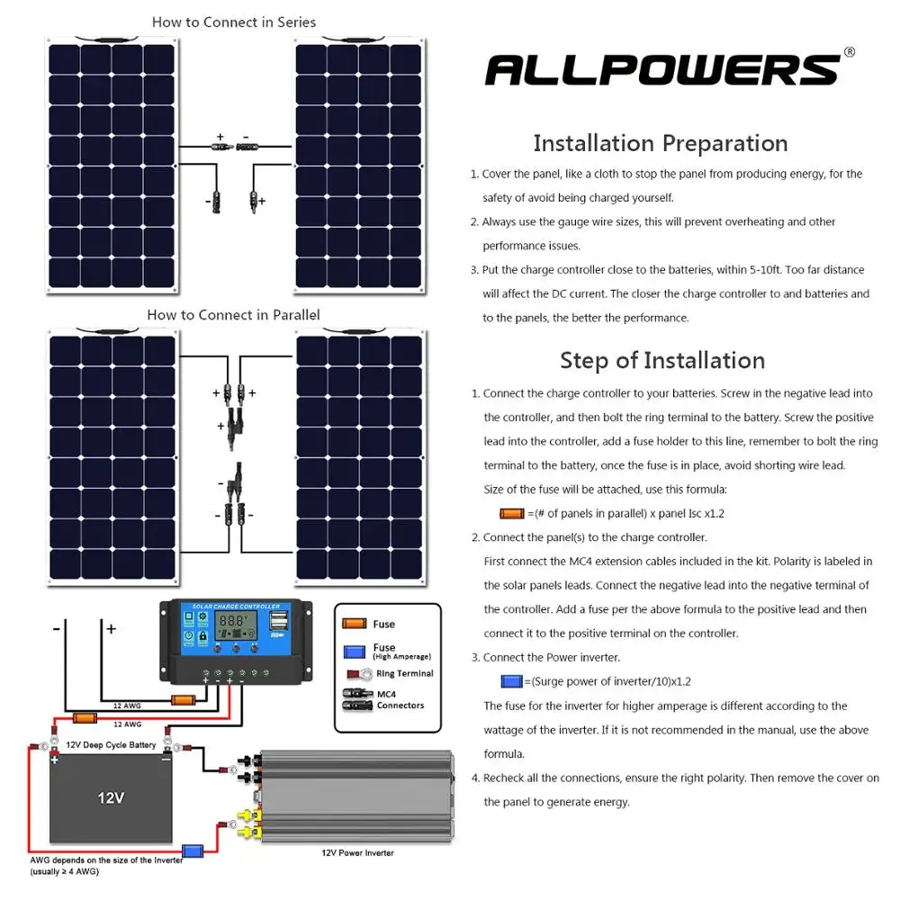 Монокристаллическая солнечная панель ALLPOWERS 100 Вт высокоэффективный комплект