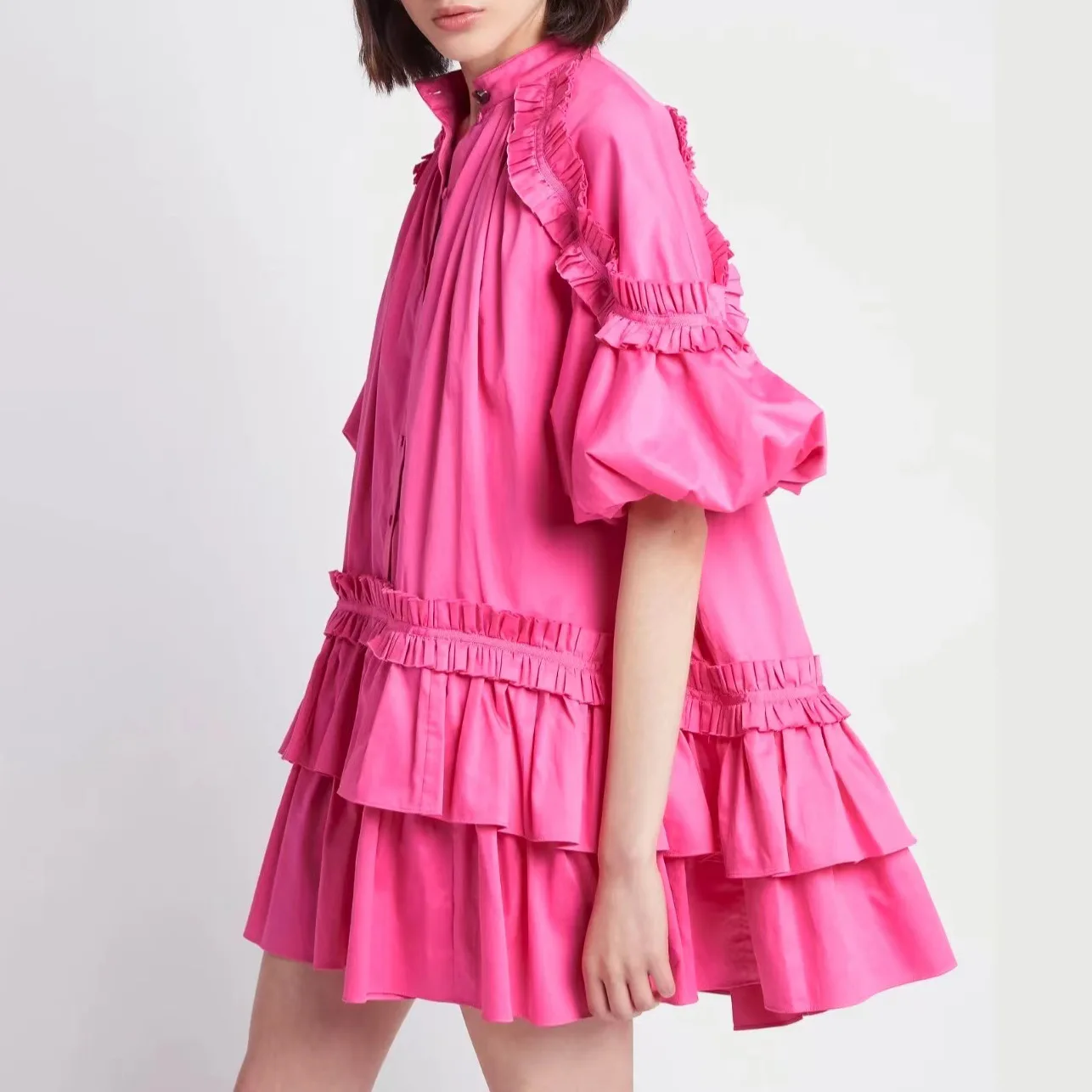 

Women Pink Dress 2021 Autumn Celmia Bohemian Ruffles O-neck Mini Robe Half Sleeve Loose Shirt Dress Sexy Solid Pleated Vestido