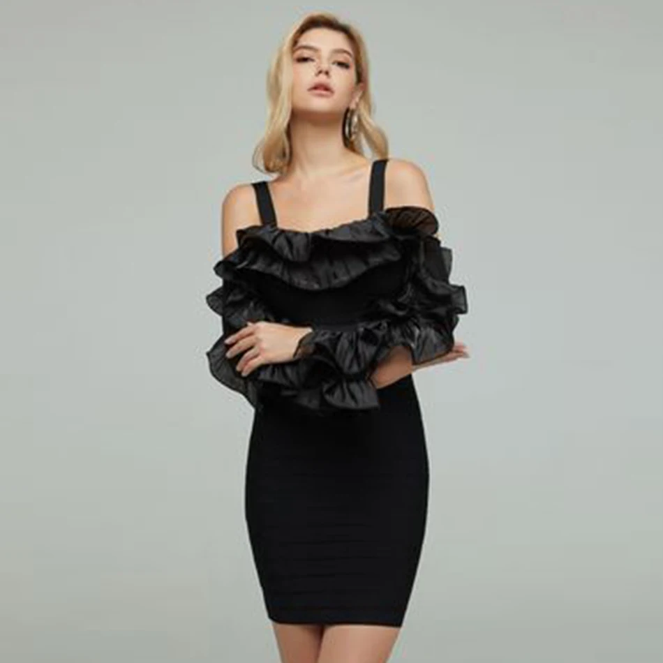 Осенние женские черные эластичные облегающие платья с открытыми плечами и