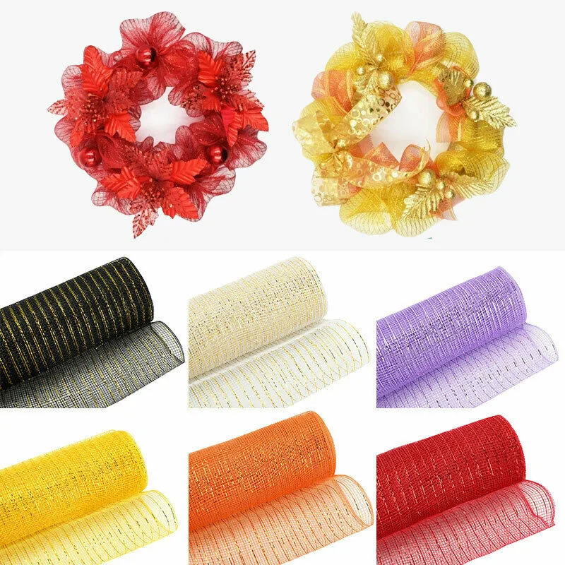 

10Yards Poly Mesh Ribbon Roll With Metallic Foil Christmas Floral Craft Wreath For DIY Bows Wrapping Wedding Party Decoration