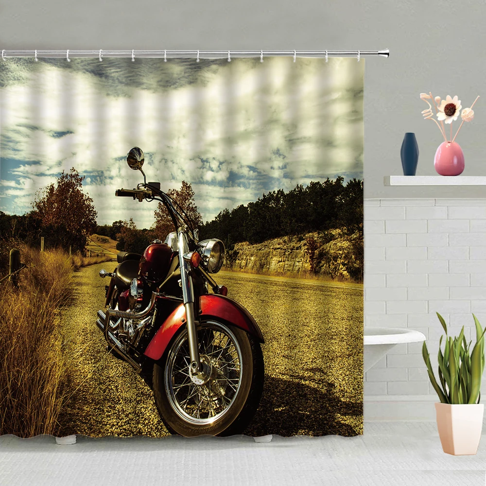 car shower curtain motorcycle mountain highway scenery bathroom accessories set wall hanging curtains bathtub screen home decor free global shipping