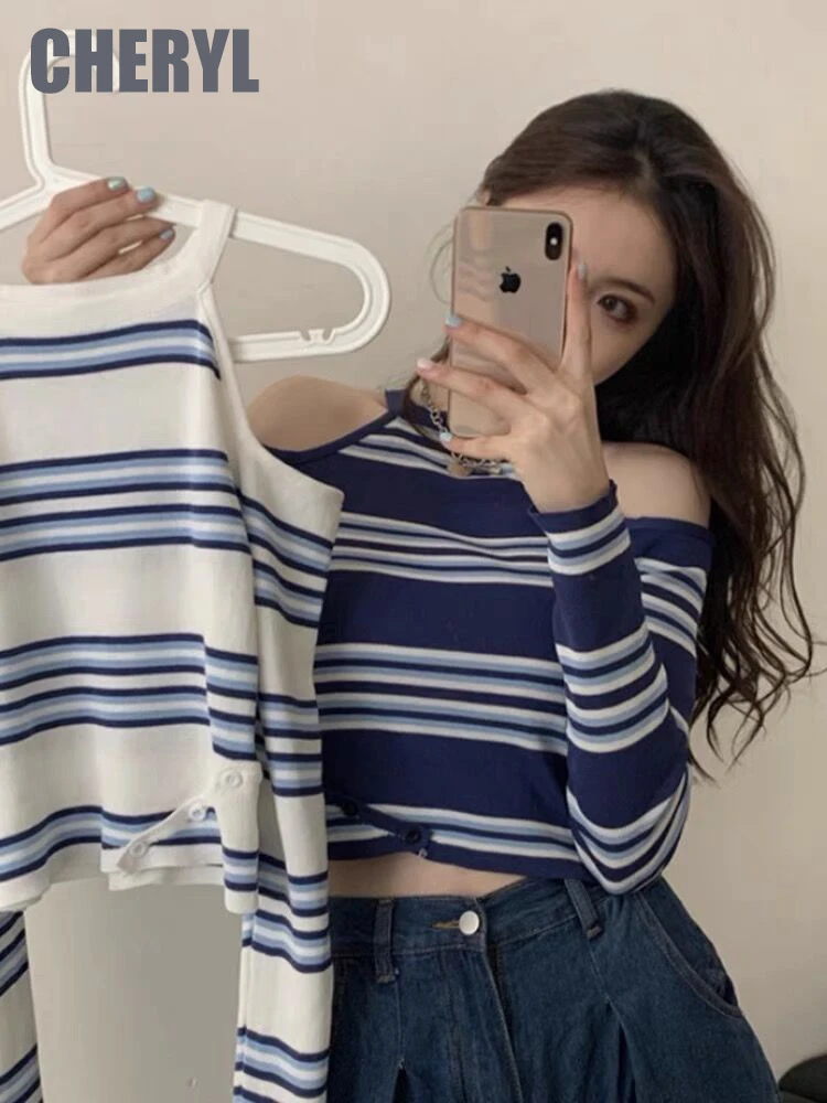 

Autumn 2021 new women's knitted sweater net red hot style hanging neck strapless striped long-sleeved bottoming shirt top