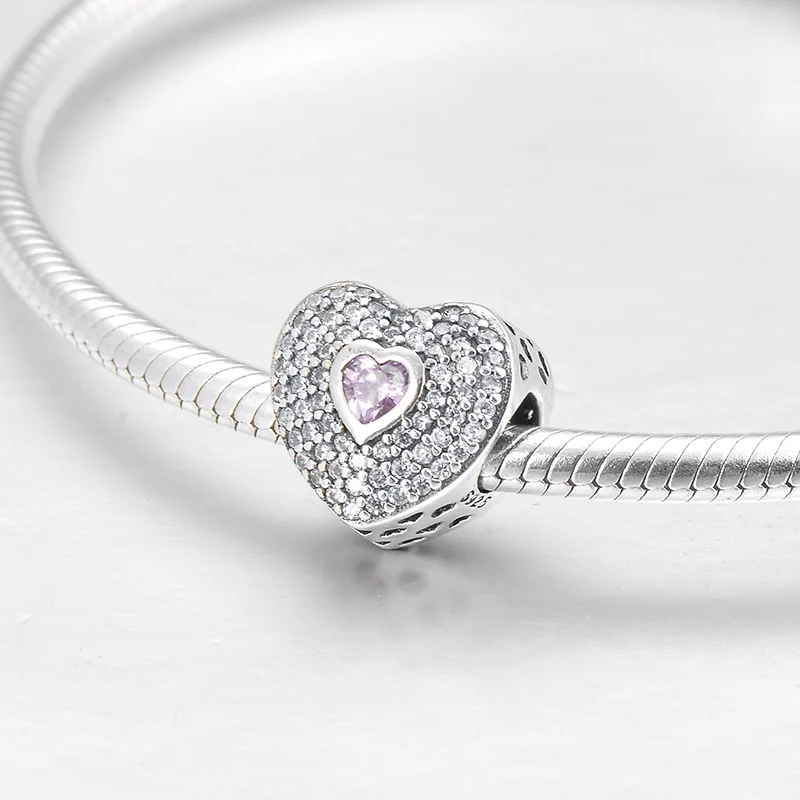 Подлинные полые сердца с большим отверстием 925 пробы Серебряный Розовый CZ