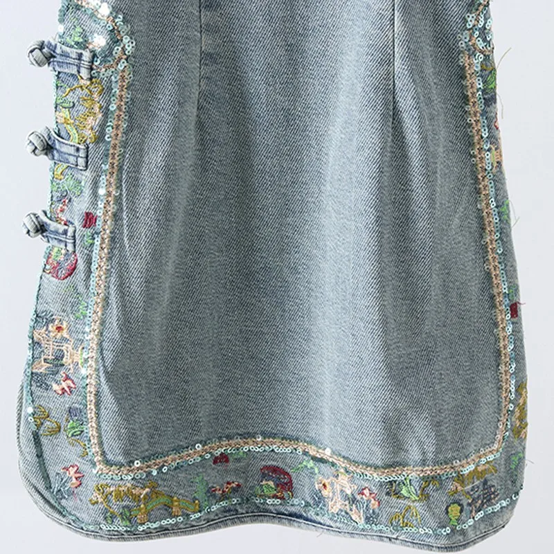 

Lady Chinese Style Short Sleeve Midi Dress Summer New Embroidery Sequin Denim Dress Stand Collar Vintage Sweet Puff Sleeve Dress