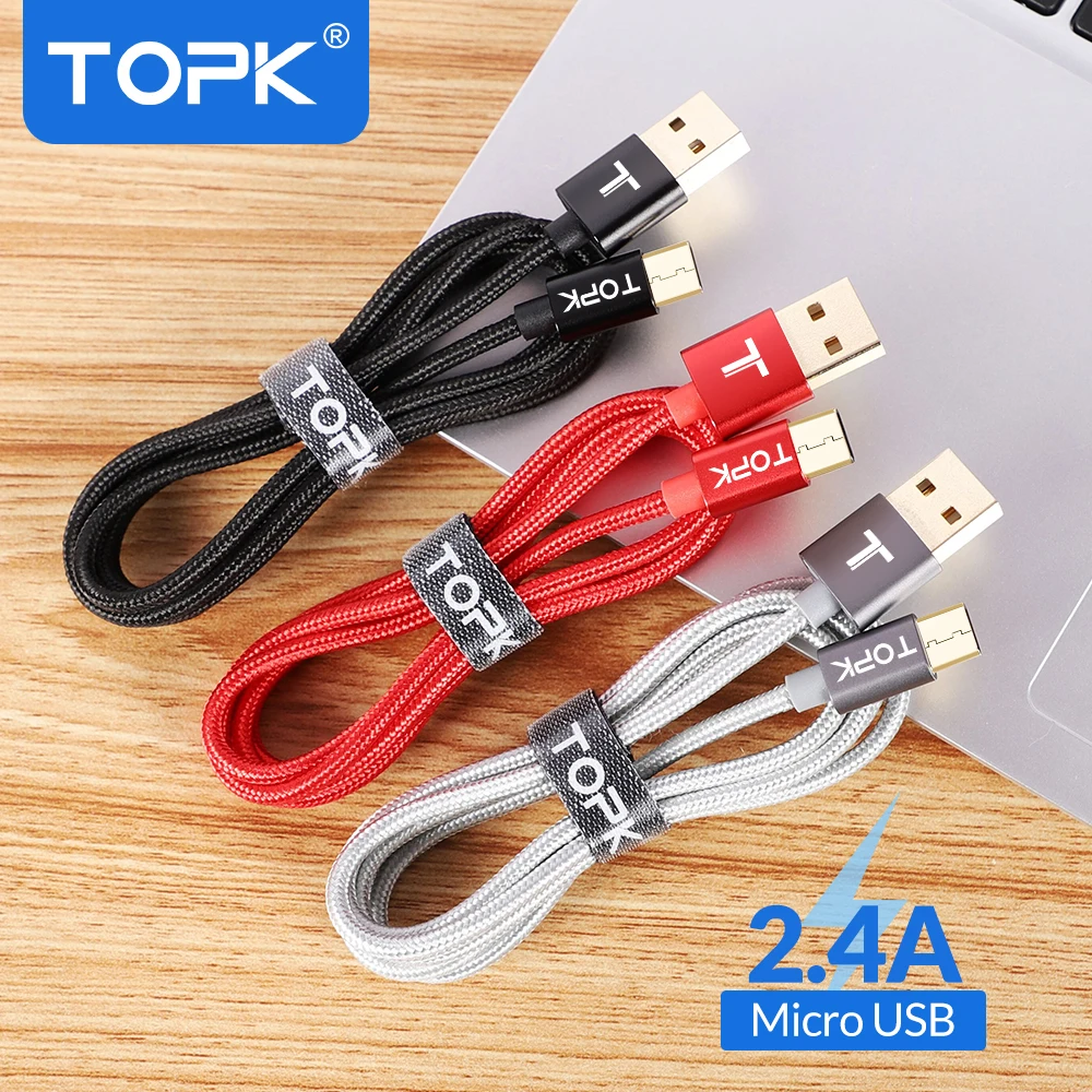 Кабель Micro USB TOPK в нейлоновой оплетке металлический штекер для синхронизации