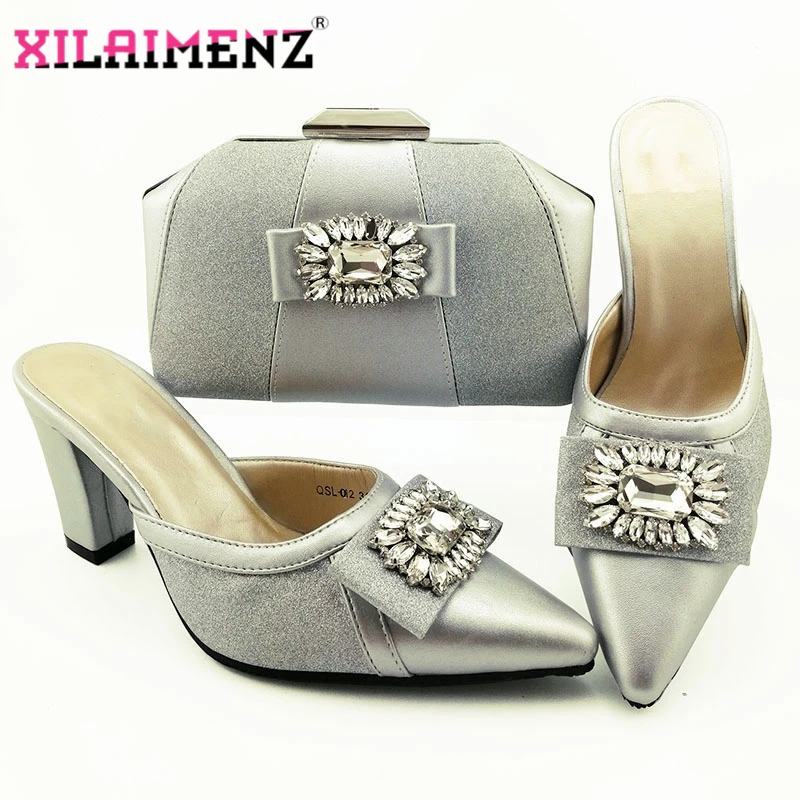 

2019 New Silver Crytal Pointed Toe Slipper And Bag Set For Party Fashion Italian Ladies High Heels Shoes And Matching Bag Set