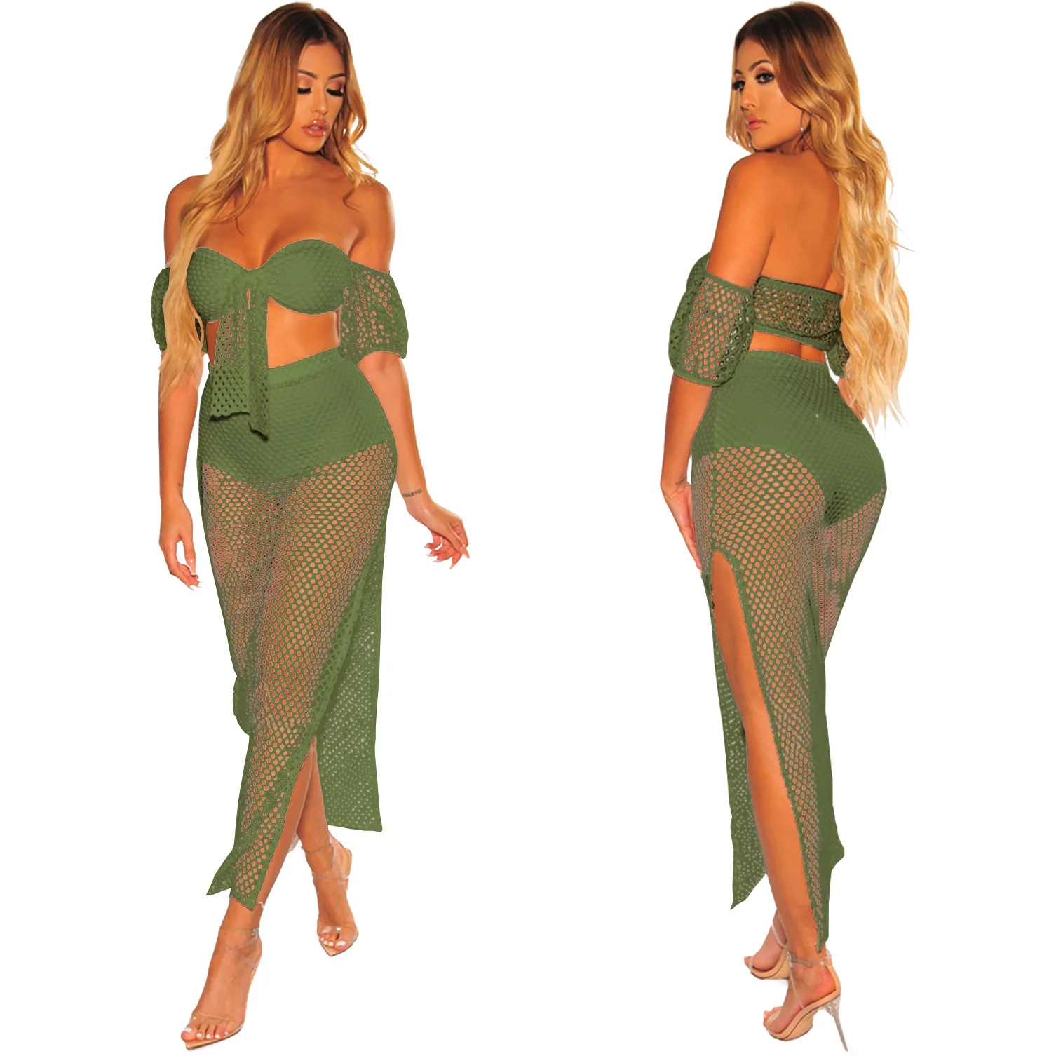 Women summer beach Dress see though tie up crop top High split maxi slim Long skirt suit two piece set long dress 7color Outfit | Женская
