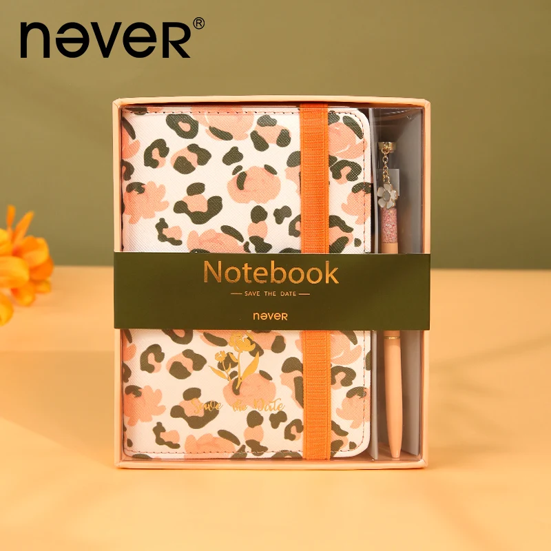 

Набор из блокнота и ручки Never A6 с леопардовым узором, из ПУ кожи, Обложка, 80 листов, подарки для девочек, пустой блокнот, милый ежедневник, канц...